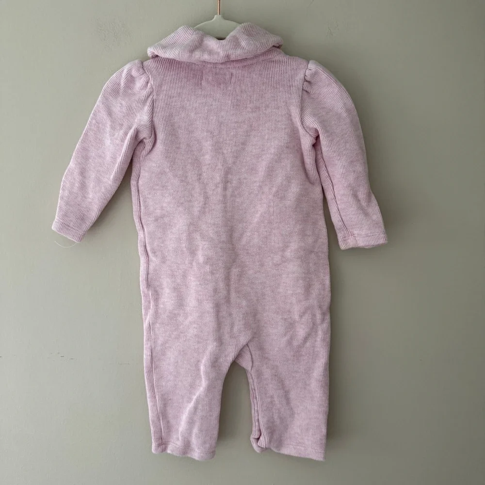 Ralph Lauren Baby Girl Pink Ribbed Knit Romper Floral Monogram Shawl Collar 6M